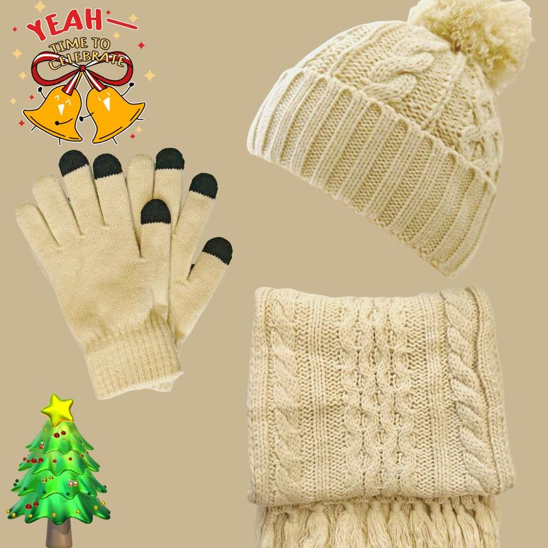 Winter Warm Knit Hat & Scarf & Gloves Set, 3 Counts Solid Color Thickened Warm Outdoor Sports Hat, Suitable for Outdoor Adventure, Christmas Gift