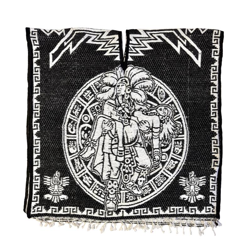 Mexican Poncho Gabanes Aztec Warrior Design- Black