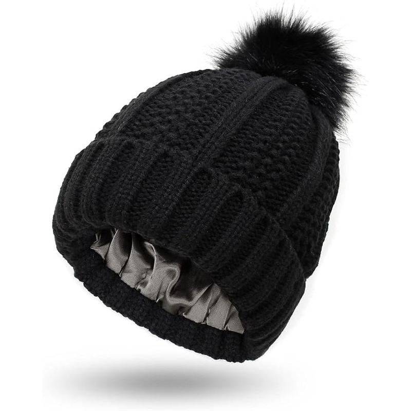 Luxurious Satin-Lined Winter Beanie with Faux Fur Pom-Pom: Cozy Knit Skull Cap for Women - Stay Warm and Stylish