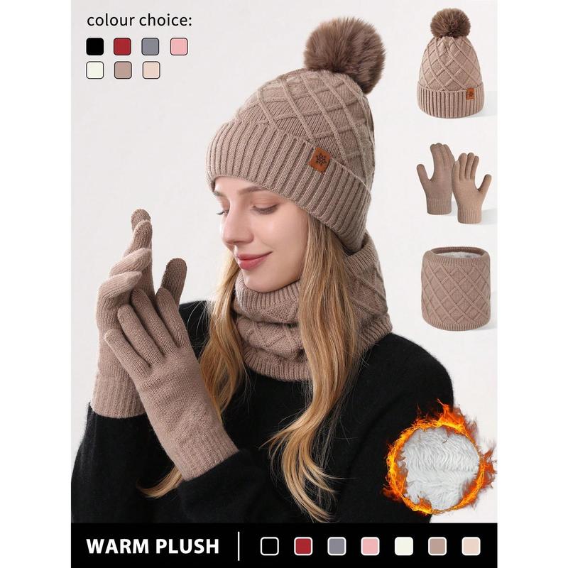 1-3pcs Set Women Winter Knit Beanie, Neck Warmer & Touch Screen Gloves Set, Double-Layer Fleece Lined, Patterned Jacquard Fabric With Pompom, Snowflake Texture, Suitable For Skiing, Travel, Driving, Dating, Gift For Women, Daily Use