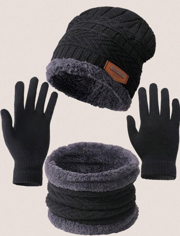 Suit Winter Knit Beanie Hat Neck Warmer Scarf And Gloves Elastic Double-Layer Warm Hat+Scarf+Gloves Combination Suitable For Winter Warmth, Christmas Gift, New Year Gift, Outdoor Warmth Set Lining Color Is Random