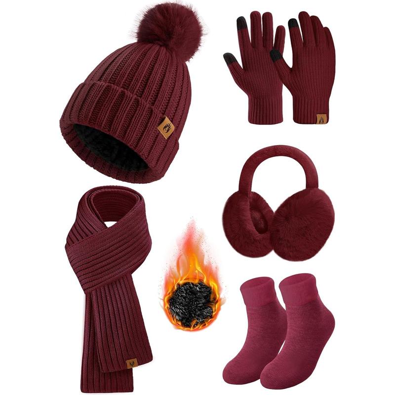 Winter Beanie Hats Scarf Gloves Ear Muffs Fuzzy Socks 5 count Set for Women Cold Weather Beanies Touch Screen Gloves