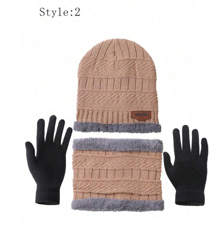 Suit Winter Knit Beanie Hat Neck Warmer Scarf And Gloves Elastic Double-Layer Warm Hat+Scarf+Gloves Combination Suitable For Winter Warmth, Christmas Gift, New Year Gift, Outdoor Warmth Set Lining Color Is Random