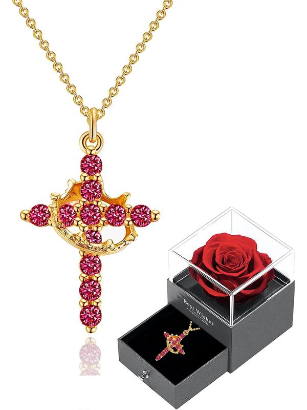 Rhinestone Crown & Cross Pendant Necklace with Rose Gift Box, Fashion Jewelry for Party, Daily Clothing Decor, Trendy All-match & Exquisite Jewelry for Birthday Gift