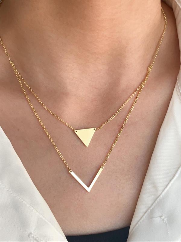 Women's Elegant Triangle & Letter V Design Layered Necklace, Exquisite Trendy Layered Necklace, Chic All-match Vintage Jewelry As Gift for Girlfriend