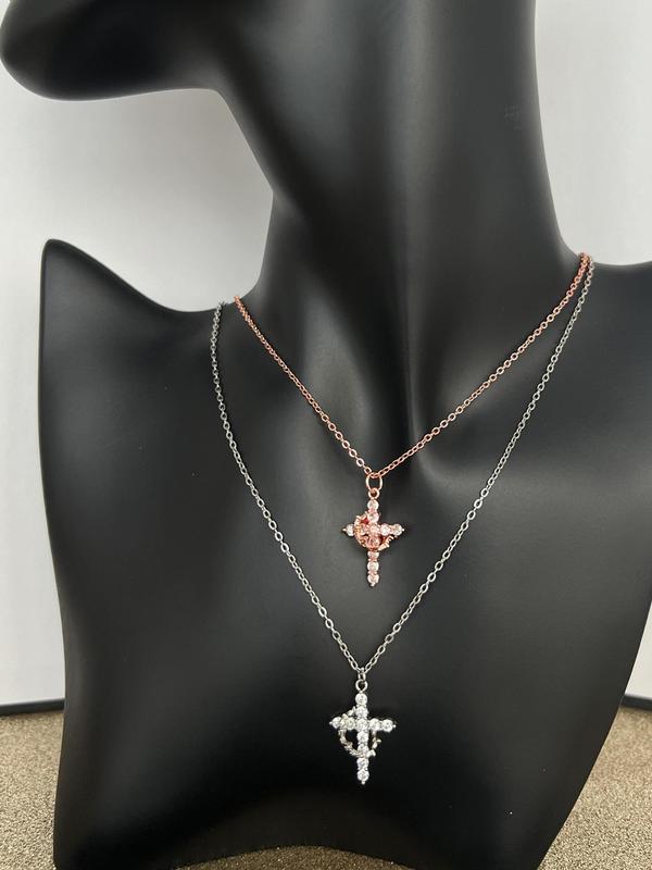 Rhinestone Crown & Cross Pendant Necklace with Rose Gift Box, Fashion Jewelry for Party, Daily Clothing Decor, Trendy All-match & Exquisite Jewelry for Birthday Gift