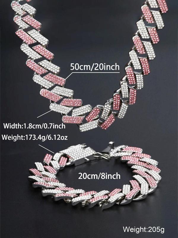 Luxurious Rhinestone Decor Cuban Link Chain Vintage Jewelry Set, Y2k Chunky Chain Necklace & Bracelet, Hip Hop  Jewelry Set, Summer 2024 Accessories