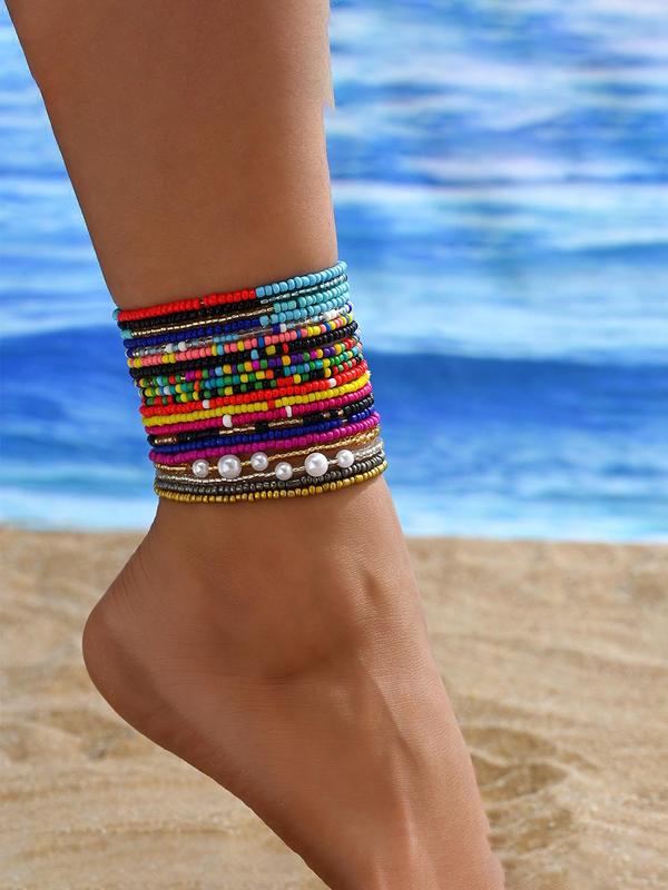 Boho Style Beaded Anklets, 20pcs Fashionable Colorblock Beaded Anklets for Women & Girls, Casual Trendy Accessories for Party, Daily Decor