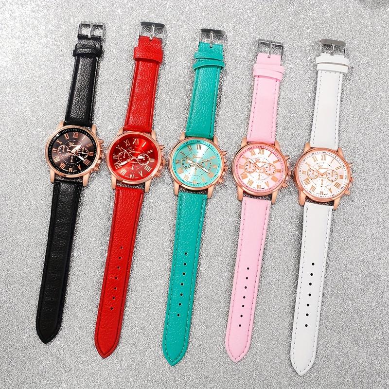 4PCs boho chic women's quartz watch set with Roman Dial-soft faux leather straps, long-lasting battery, perfect for casual attire