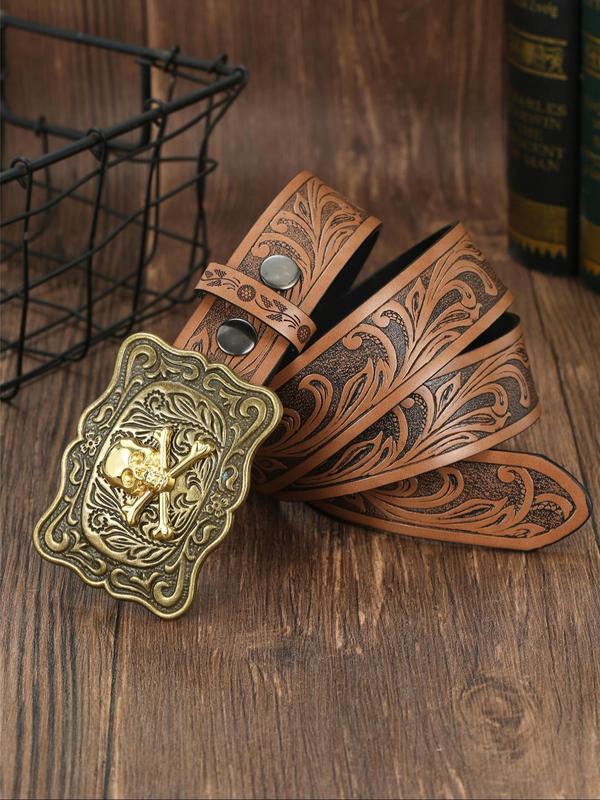 Men's Vintage Western Style Punk Buckle Belt, Fashion Ethnic Pattern PU Leather Belt for Party, Daily Clothing Decor, Trendy All-match & Exquisite Belt for Birthday Gift