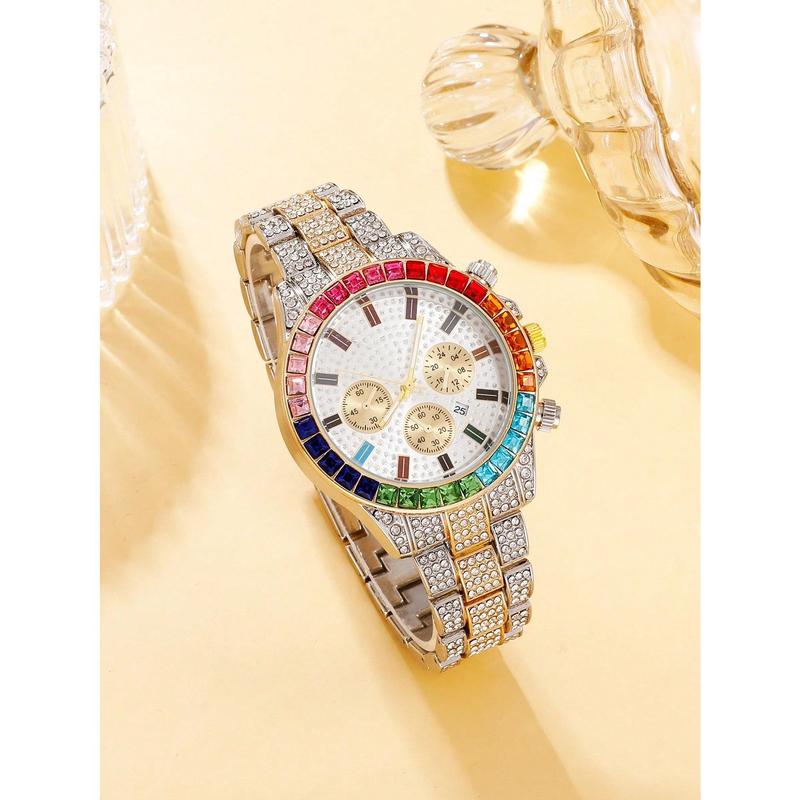 Men Rhinestone Decor Triple Dial Date Quartz Watch