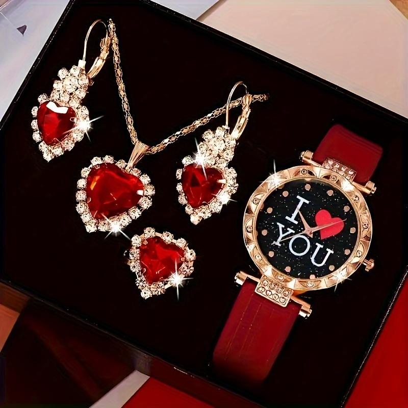 5pcs set Luxury Heart-Shaped Quartz Watch and Jewelry Set - Sparkling Rhinestone Accents, Analog Display, Valentine's Day Gift Idea for Her, Women's Fashion Accessory, Romantic Present