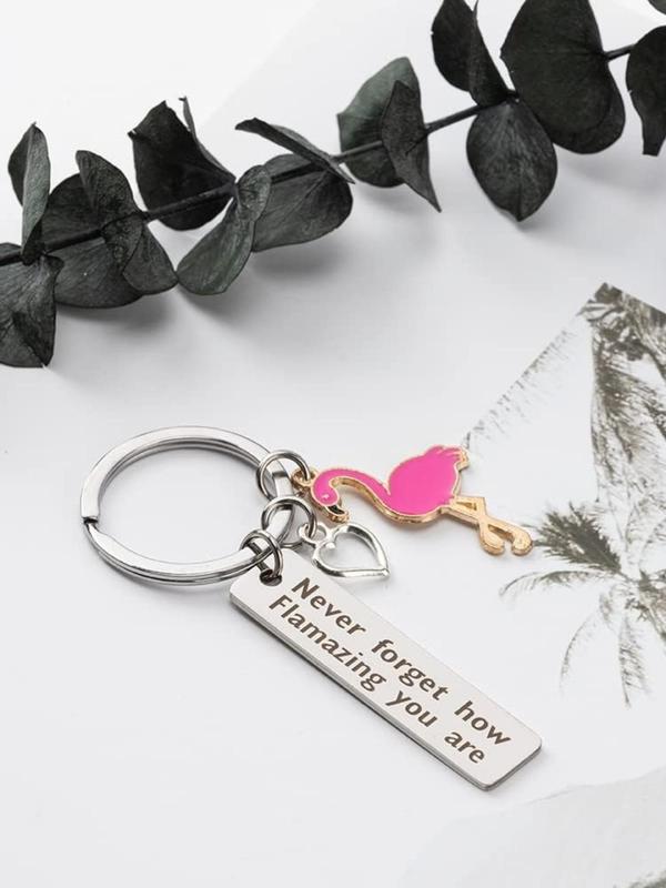 Fashionable Flamingo & Heart Design Keychain, Stainless Steel Keychain for Women & Men, Trendy All-match & Exquisite Keychain for Birthday Gift