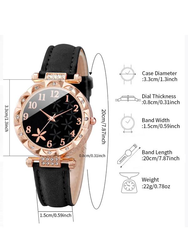 Women's Rhinestone Decor Round Dial Pu Leather Strap Quartz Watch, with Beaded & Link Bracelet Set, without Box, Fashion Watch Set for Party, Daily Clothing Decor