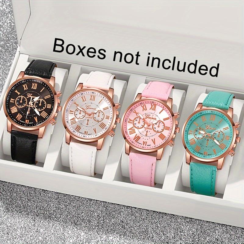 4PCs boho chic women's quartz watch set with Roman Dial-soft faux leather straps, long-lasting battery, perfect for casual attire