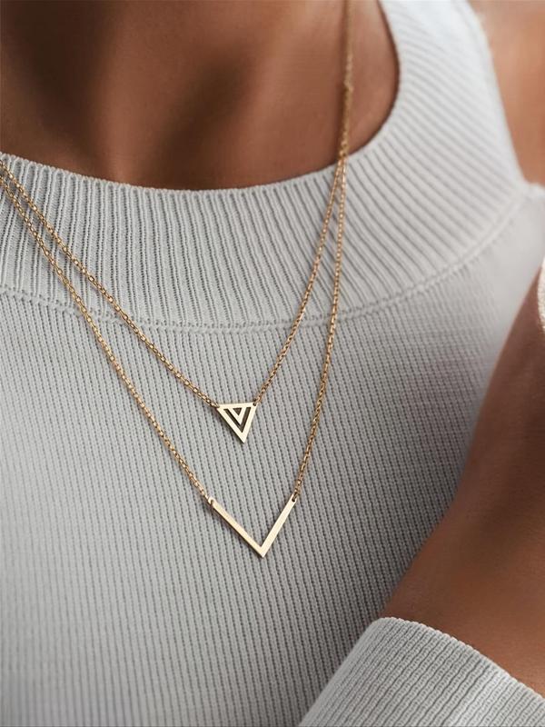 Women's Elegant Triangle & Letter V Design Layered Necklace, Exquisite Trendy Layered Necklace, Chic All-match Vintage Jewelry As Gift for Girlfriend