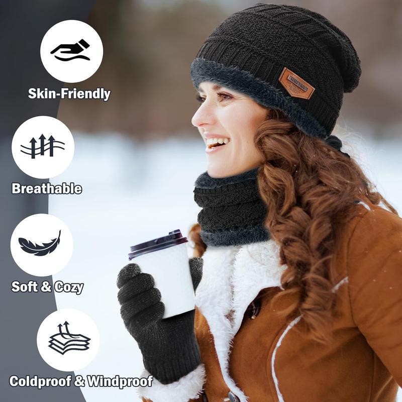 Winter Beanie Hat Circle Scarves Touchscreen Gloves Set, Warm Thick Fleece Lined  Cap Gloves  Warmer for Women Men