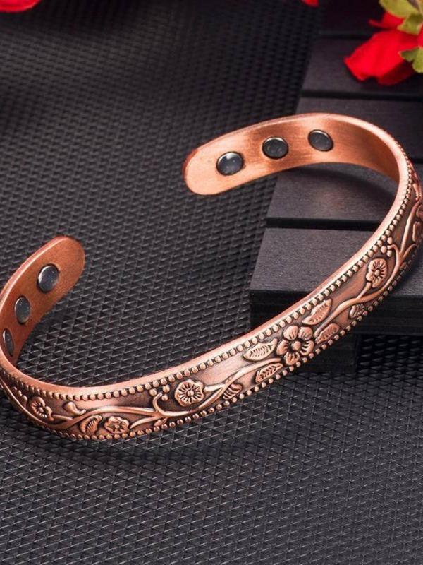 Vintage Flower Pattern Bangle & Open Ring, Adjustable Magnetic Bangle & Open Ring, Fashion Jewelry Accessories for Women & Men