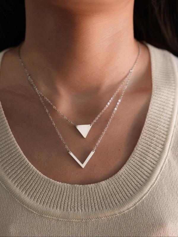 Women's Elegant Triangle & Letter V Design Layered Necklace, Exquisite Trendy Layered Necklace, Chic All-match Vintage Jewelry As Gift for Girlfriend