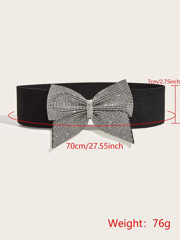 Women's Elegant Bow Decor Rhinestone Decorated Wide Belt, Fashionable Elastic Waistband for Casual Outfits