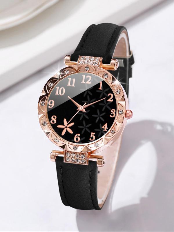 Women's Rhinestone Decor Round Dial Pu Leather Strap Quartz Watch, with Beaded & Link Bracelet Set, without Box, Fashion Watch Set for Party, Daily Clothing Decor