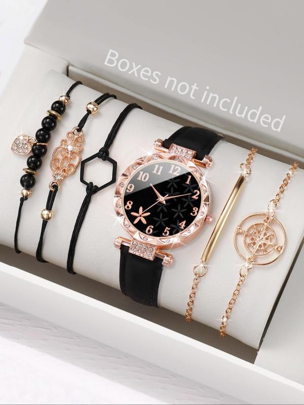 Women's Rhinestone Decor Round Dial Pu Leather Strap Quartz Watch, with Beaded & Link Bracelet Set, without Box, Fashion Watch Set for Party, Daily Clothing Decor