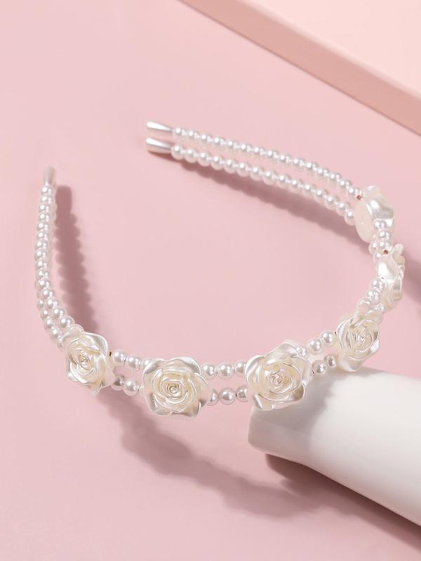 Faux Pearl Decorated Flower Design Headband, Elegant Bridal Headwear for Wedding Bridal Party Formal Occasions, Fashion Hair Accessories for Women