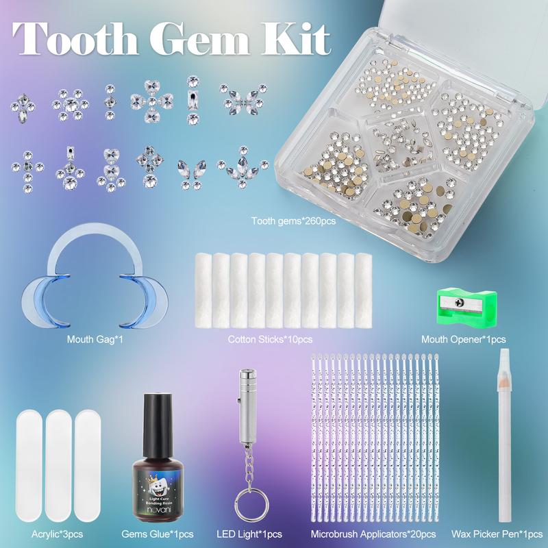 Tooth Gem Kit with Tool Easy to Install and Detach , 260 Pieces Flat Back Gem Multi Shaped for Teeth, Crystal Tooth Drill For Date And Party QiaoCrystalStar Holiday Gifts Give Girlfriend Gifts