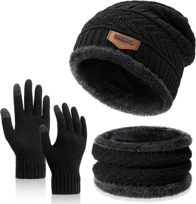 Winter Beanie Hat Circle Scarves Touchscreen Gloves Set, Warm Thick Fleece Lined  Cap Gloves  Warmer for Women Men