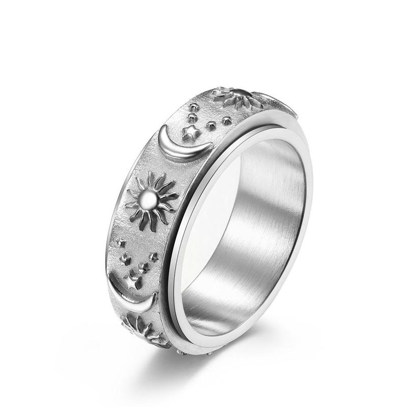 Star, moon and sun titanium steel ring ring can be rotated and moved bohemian style decompression ring hand jewelry