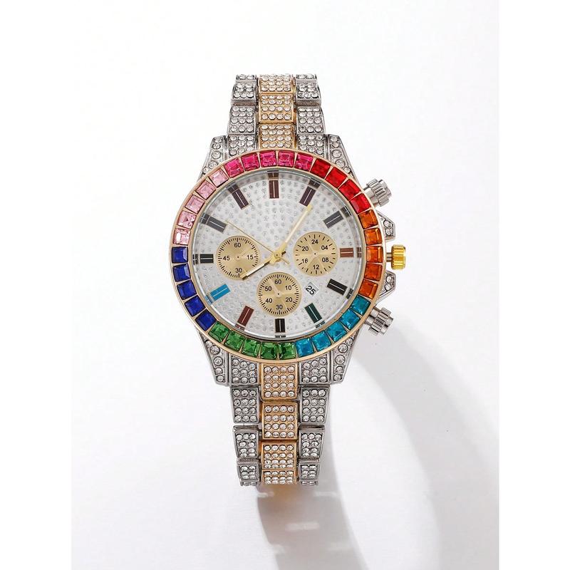 Men Rhinestone Decor Triple Dial Date Quartz Watch