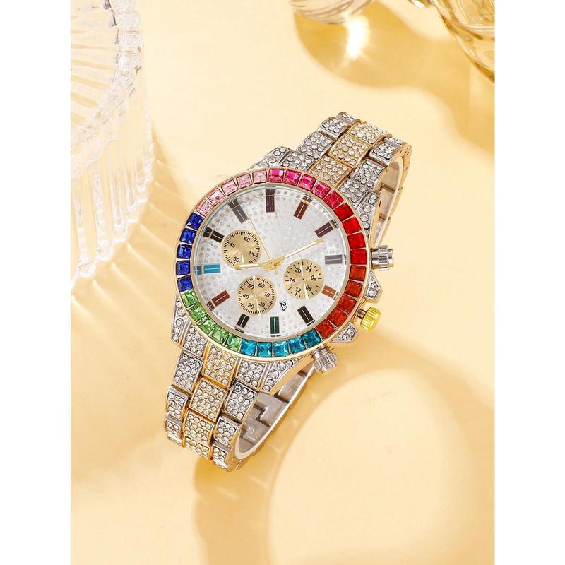 Men Rhinestone Decor Triple Dial Date Quartz Watch