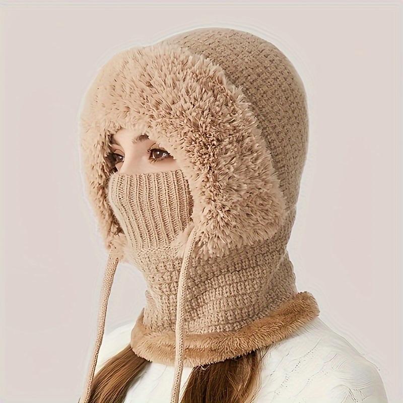 Ledaou 3 in 1 Women Knitted Woolen Cap Scarf Mask Suit Winter Warm Wool Lining Ear Cover Fluffy Ball Cap