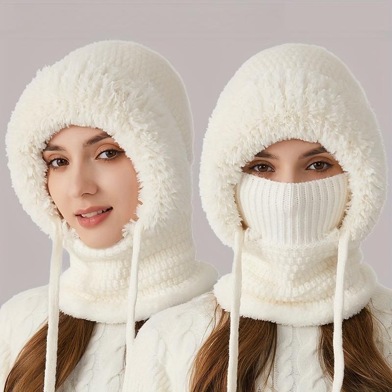 Ledaou 3 in 1 Women Knitted Woolen Cap Scarf Mask Suit Winter Warm Wool Lining Ear Cover Fluffy Ball Cap