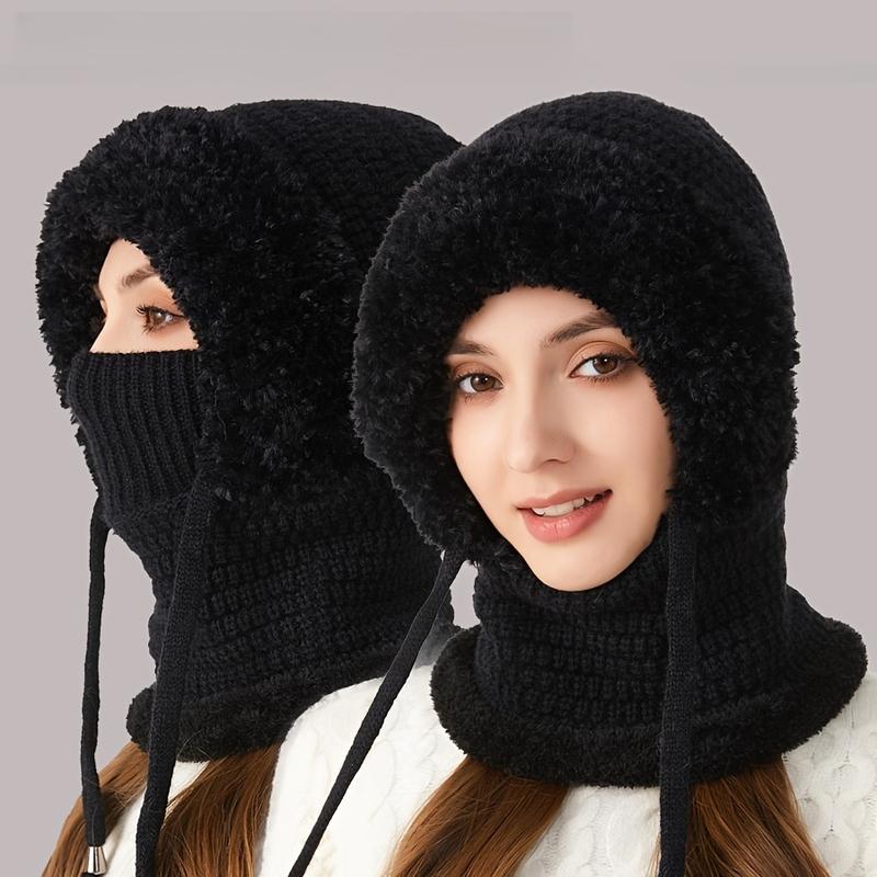 Ledaou 3 in 1 Women Knitted Woolen Cap Scarf Mask Suit Winter Warm Wool Lining Ear Cover Fluffy Ball Cap