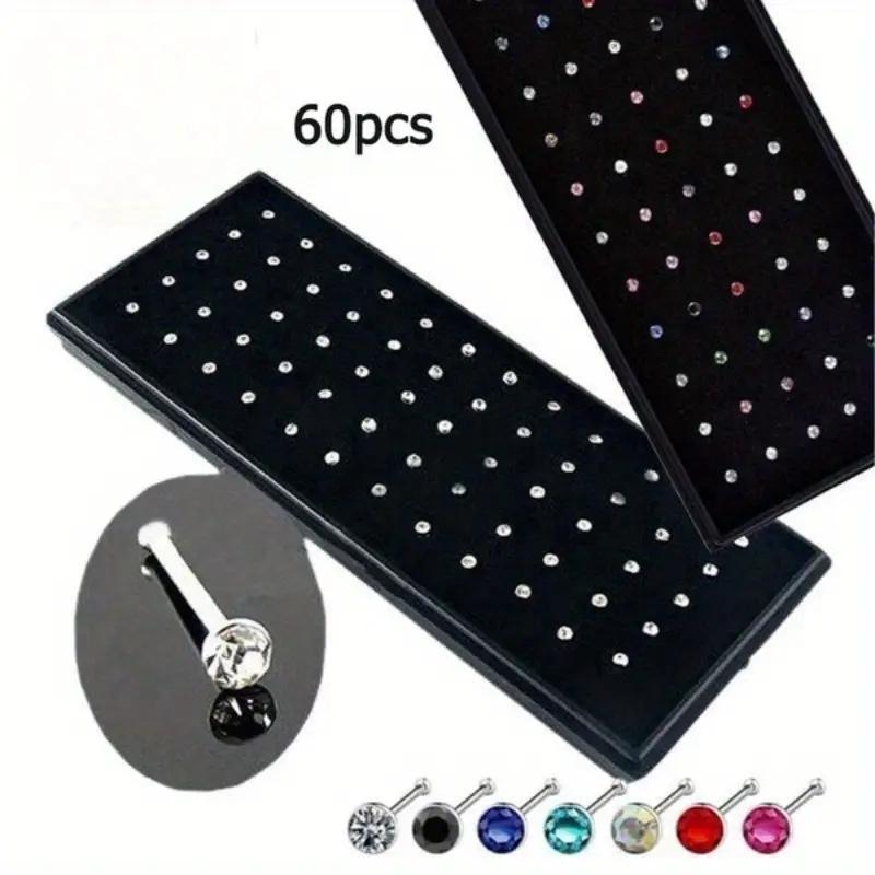 Rhinestone Decor Nose Studs, 60 Counts, Piercing Jewelry, Stainless Steel & Synthetic Zirconia Nose Ring, Unisex Nose Studs, Nose Piercing Jewelry for Men & Women, Piercing Jewelry for Party, Daily, Back to School, for Fall 2024, Nose Ring for Women