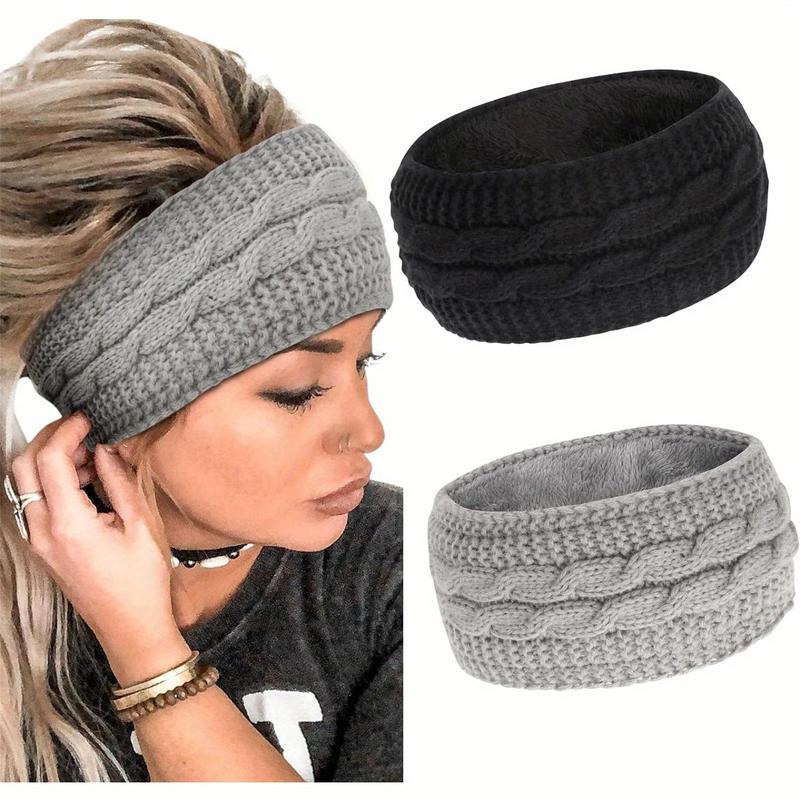 2pcs set Soft & Cozy Ribbed Fleece Knit Elastic Headbands - Warm Ear Warmer for Women with Classic Bowknot Design, Perfect for Daily Use in Autumn & Winter