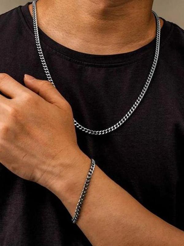 Men's Simple Style Plain Color Cuban Link Chain Bracelet & Necklace, Fashion Jewelry for Party & Daily Clothing Decor, Trendy All-match & Exquisite Jewelry for Birthday Gift