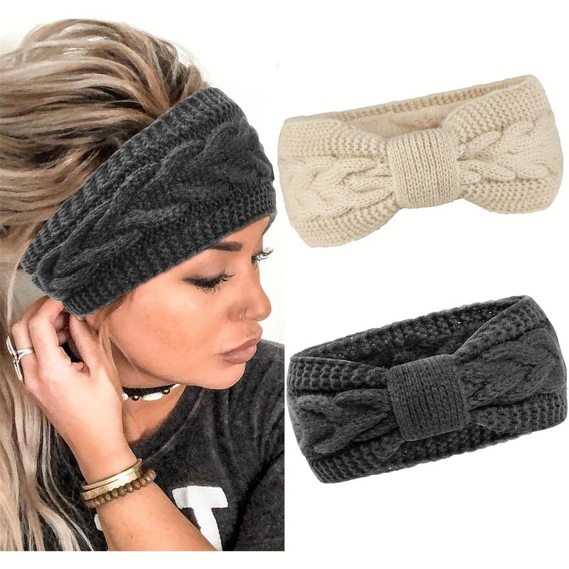 2pcs set Soft & Cozy Ribbed Fleece Knit Elastic Headbands - Warm Ear Warmer for Women with Classic Bowknot Design, Perfect for Daily Use in Autumn & Winter