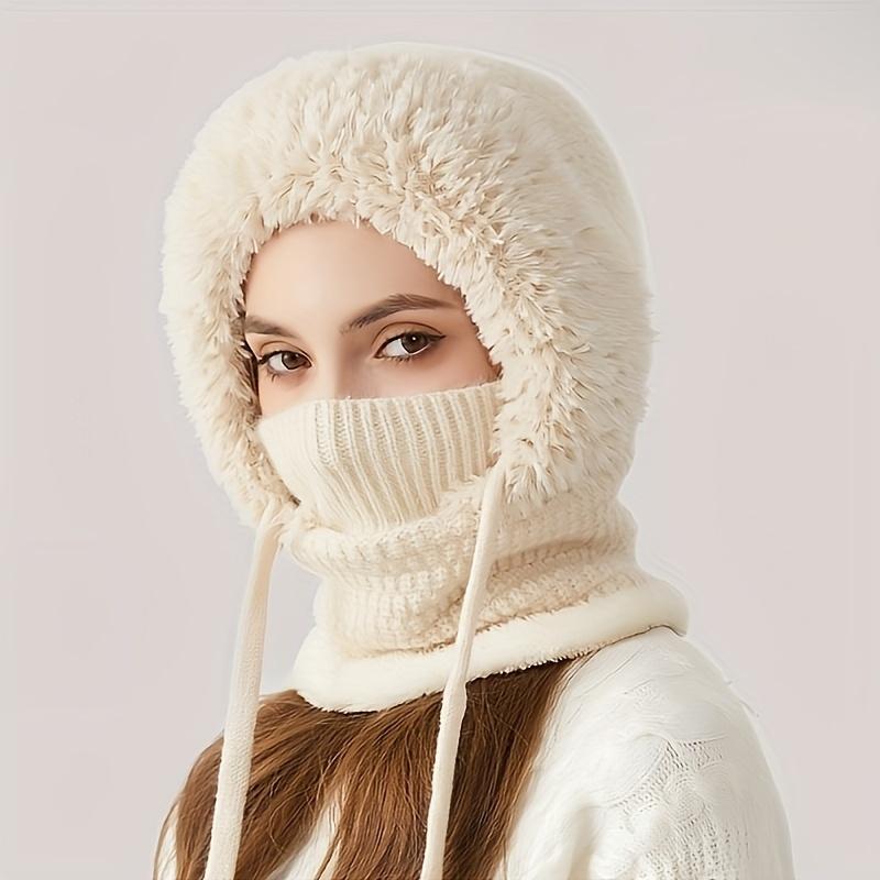 Ledaou 3 in 1 Women Knitted Woolen Cap Scarf Mask Suit Winter Warm Wool Lining Ear Cover Fluffy Ball Cap