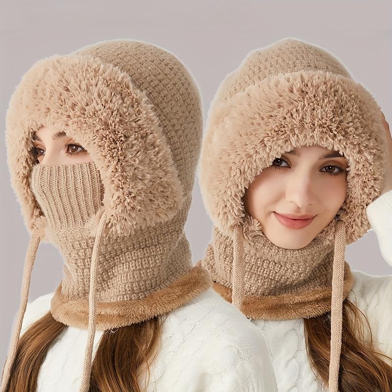 Ledaou 3 in 1 Women Knitted Woolen Cap Scarf Mask Suit Winter Warm Wool Lining Ear Cover Fluffy Ball Cap