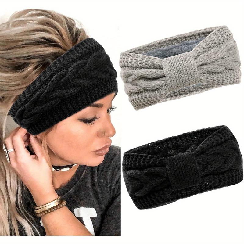 2pcs set Soft & Cozy Ribbed Fleece Knit Elastic Headbands - Warm Ear Warmer for Women with Classic Bowknot Design, Perfect for Daily Use in Autumn & Winter