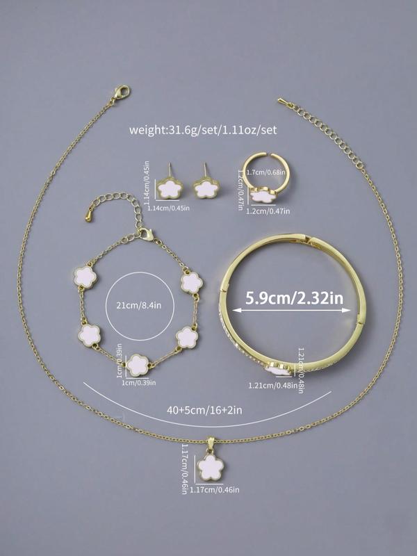 Women's Elegant Flower Design Trendy Exquisite Pendant Necklace & Bracelet & Bangle & Ring & Stud Earrings, Chic Jewelry Set As Gift for Girlfriend