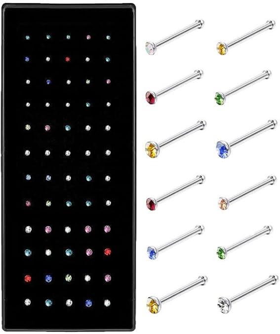 Rhinestone Decor Nose Studs, 60 Counts, Piercing Jewelry, Stainless Steel & Synthetic Zirconia Nose Ring, Unisex Nose Studs, Nose Piercing Jewelry for Men & Women, Piercing Jewelry for Party, Daily, Back to School, for Fall 2024, Nose Ring for Women