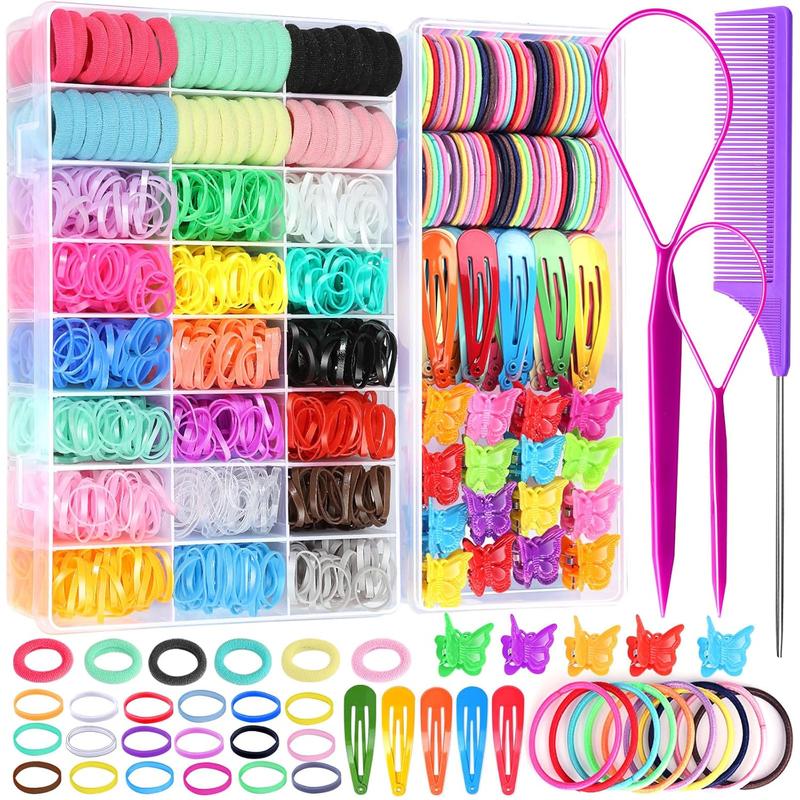 Hair Accessories Set: Colorful Rubber Bands, Cotton Hair Ties, Ponytail Holders, Hair Clips with Organizer Box for Girls,