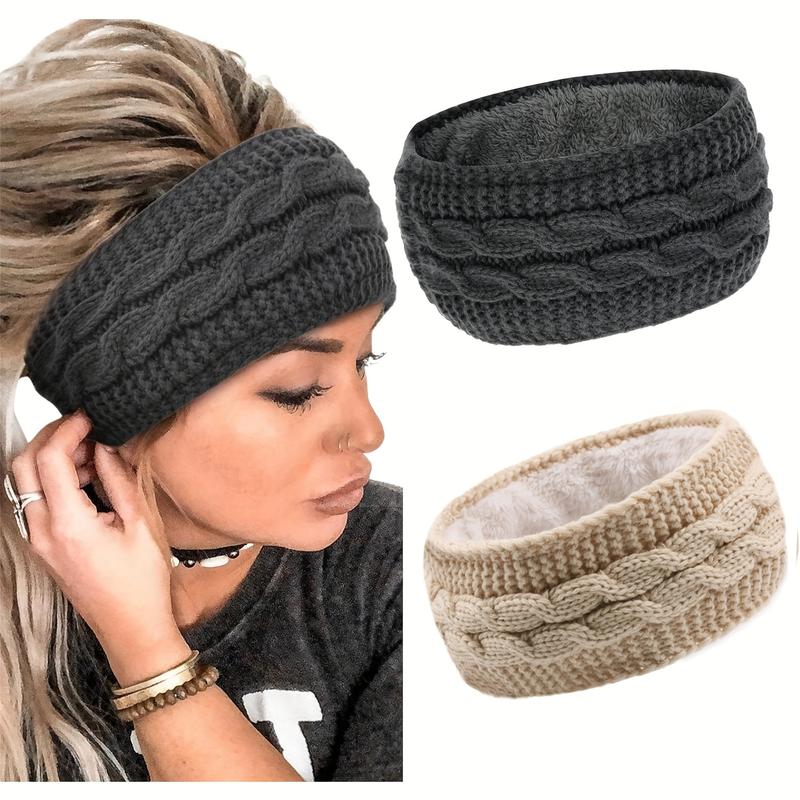 2pcs set Soft & Cozy Ribbed Fleece Knit Elastic Headbands - Warm Ear Warmer for Women with Classic Bowknot Design, Perfect for Daily Use in Autumn & Winter