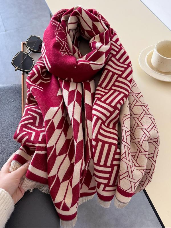 Geometric Pattern Double Sided Cashmere-like Scarf, Elegant Colorblock Shawl for Women, Fashion Accessories for Daily Wear