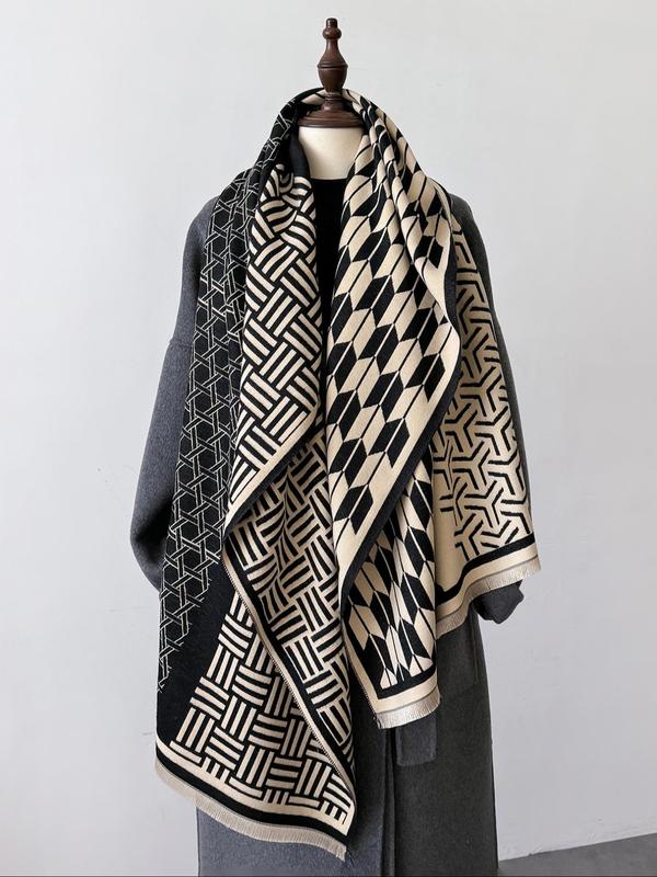 Geometric Pattern Double Sided Cashmere-like Scarf, Elegant Colorblock Shawl for Women, Fashion Accessories for Daily Wear