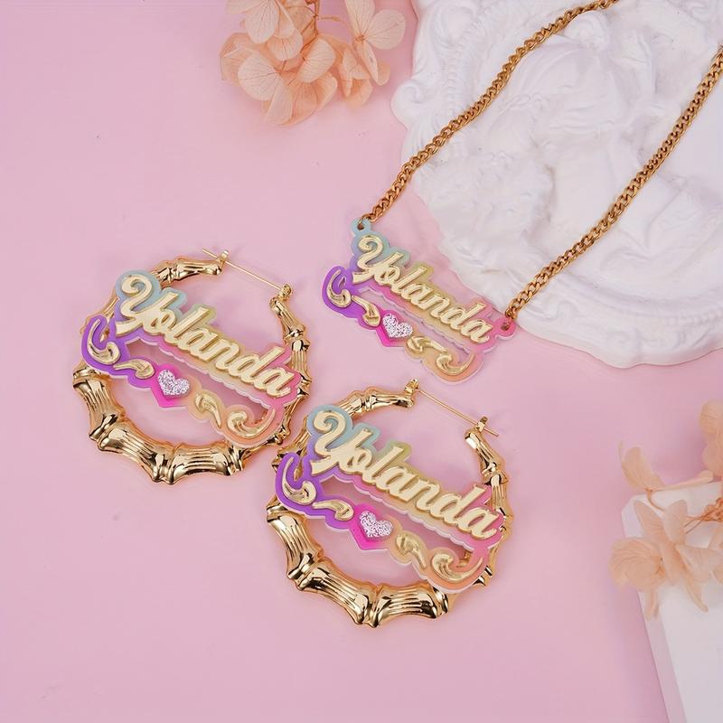 Custom Name Acrylic Ring Earrings Necklace Suit-Elegant and Cute Style, Bamboo Design Personalized Letter Pendant, Y2g Gradient Color, DIY round Jewelry, Suitable for Gifts, Parties-No Plating, Suitable for All Seasons