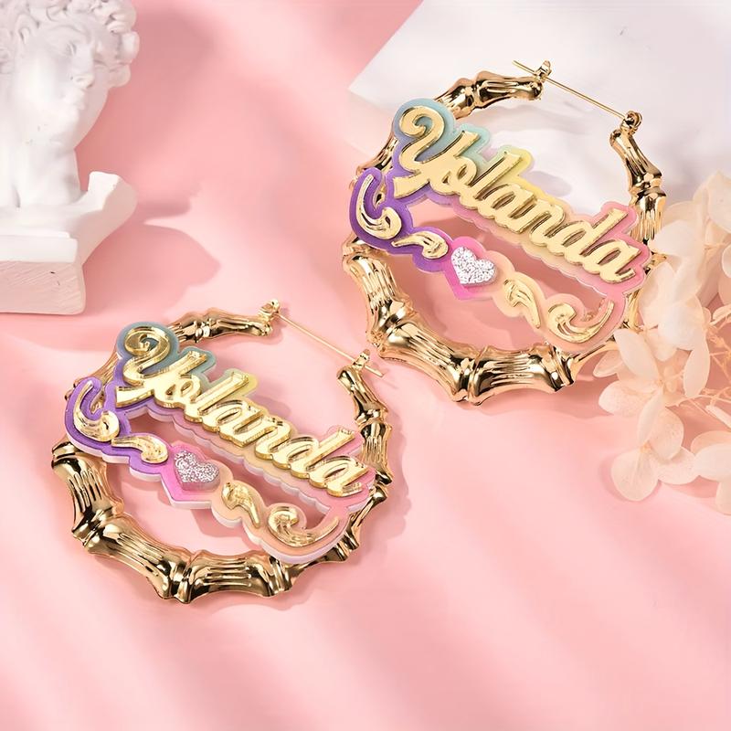 Custom Name Acrylic Ring Earrings Necklace Suit-Elegant and Cute Style, Bamboo Design Personalized Letter Pendant, Y2g Gradient Color, DIY round Jewelry, Suitable for Gifts, Parties-No Plating, Suitable for All Seasons